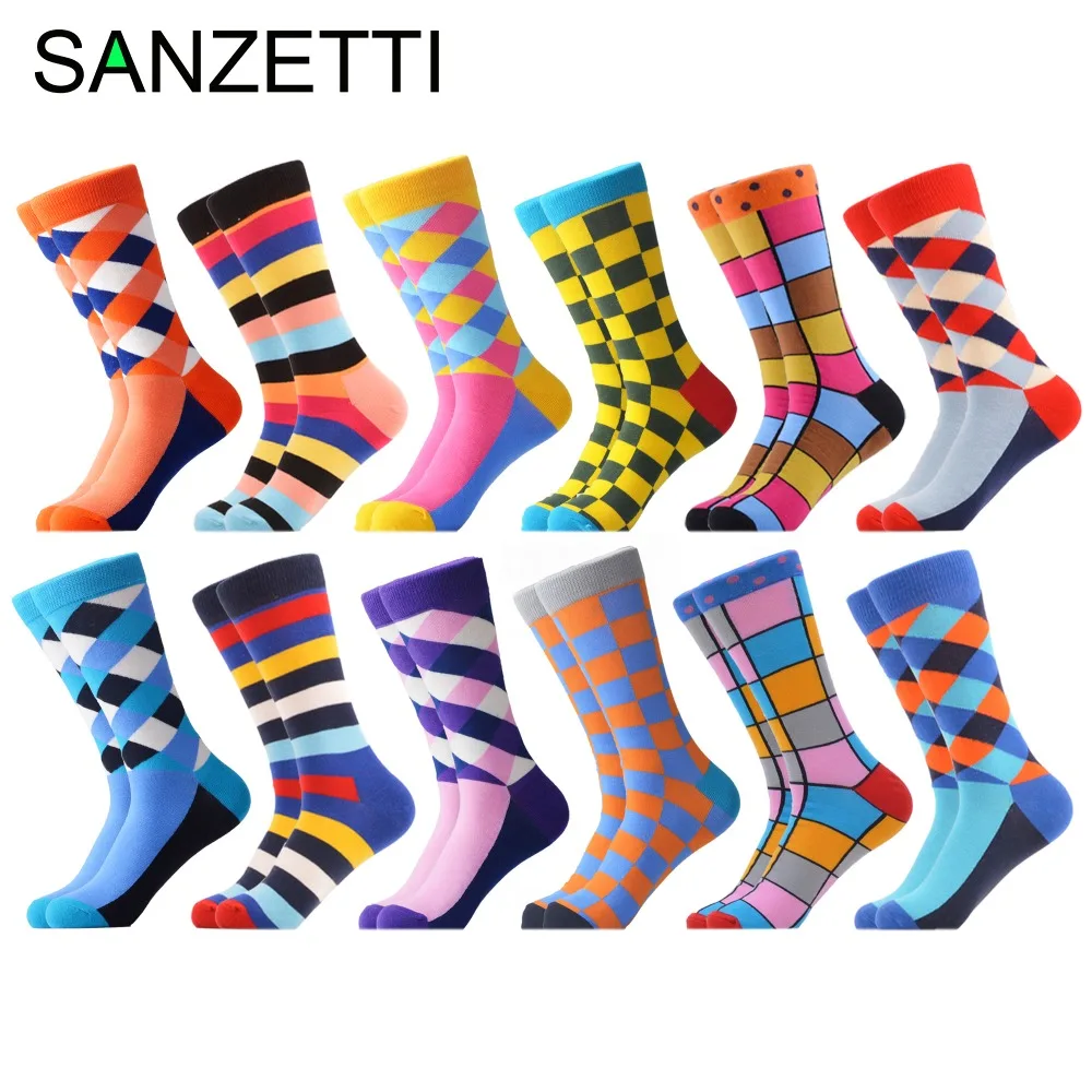 SANZETTI 12 пар/лот новые зимние теплые цветные мужские повседневные носки из чесаного хлопка с надписью Happy Crew новые свадебные носки