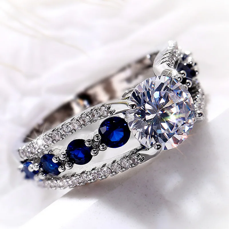 

Fashionable And Elegant High-End Creative Hollow-Out Sapphire Blue Zircon S925 Ring Women's Luxury Banquet Engagement Jewelry
