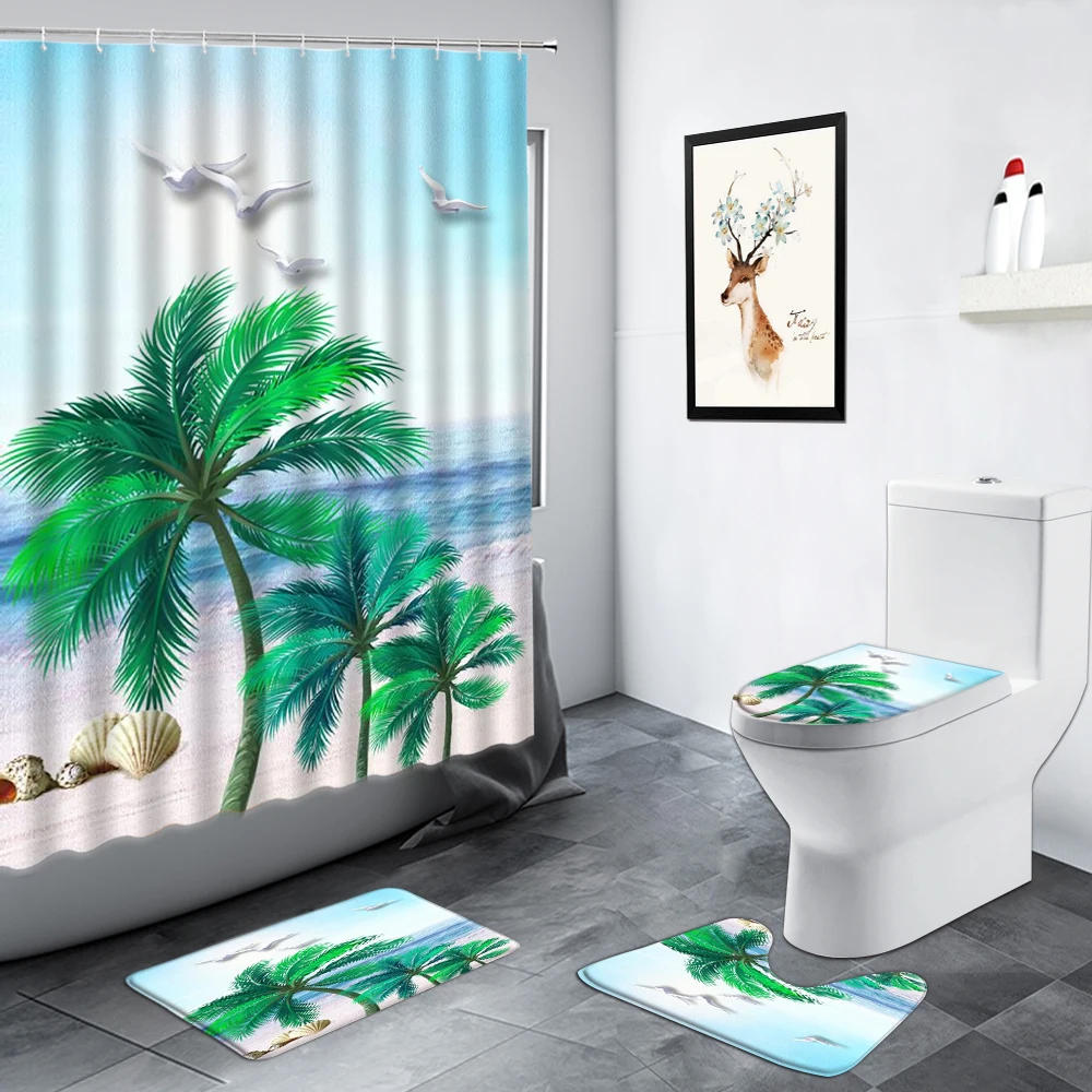 

Tropical Palm Trees Shower Curtain Set Bathroom Carpet Bird Sea Wave Summer Ocean Scenery Non-slip Rug Toilet Lid Cover Bath Mat
