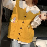 deeptown y2k kawaii flower print oversize yellow sweater vest women korean style harajuku sweet pueple jumper female cute tops