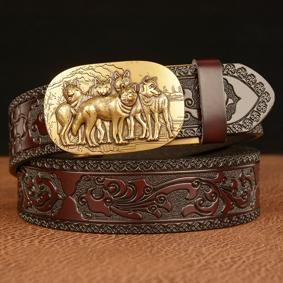 

Luxury Genuine Leather Men's Belt Alloy 5 Wolfs Automatic Buckle Belts for Man Cow Leather Strap for Male Casual Cummerbund
