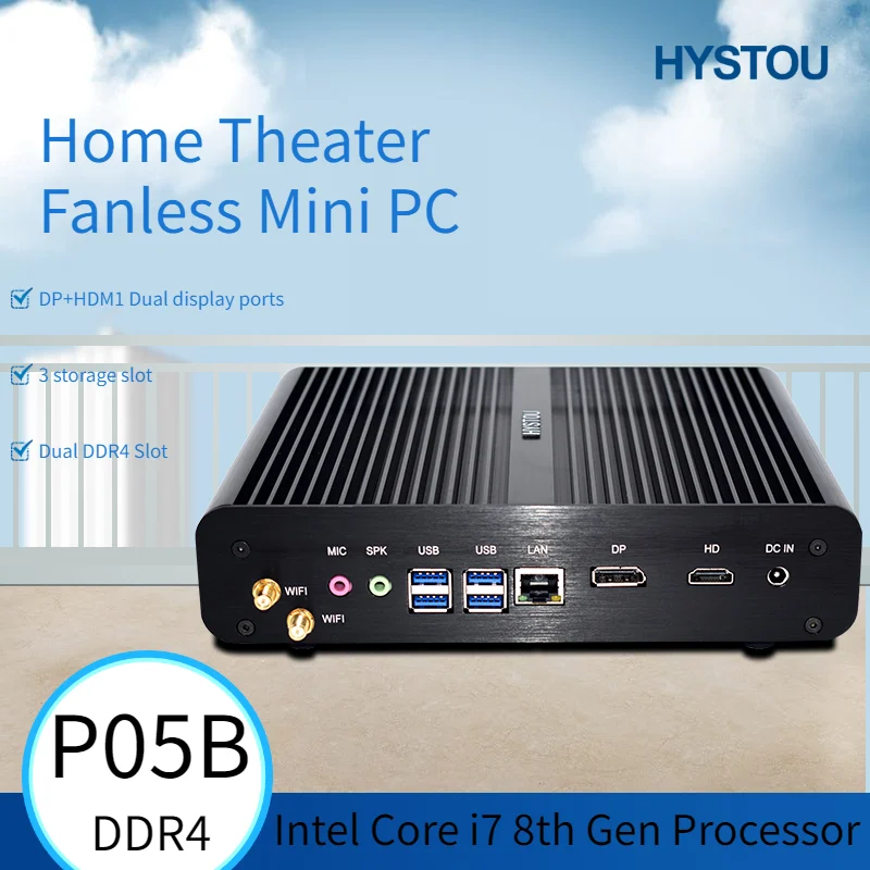 HYSTOU мини ПК без вентилятора 8th Gen i7 8565U четырехъядерный 2 * DDR4 M.2 компьютер Windows 10 Pro DP