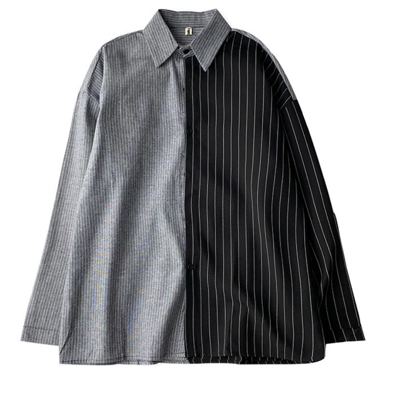 

Men Shirts Patchwork Striped Long Sleeve Leisure Turn-down Collar Mens Loose Large Size Ins Chic Trendy Streetwear Ulzzang Teens