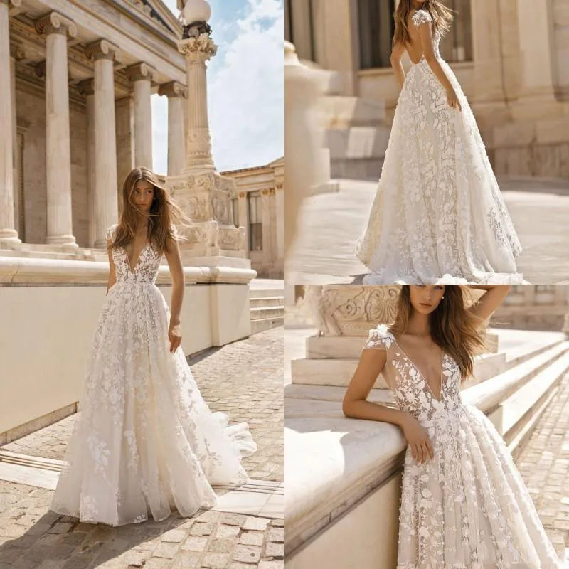 Beach Wedding Dress 3D Floral Applique Lace V Neck Sleeveless Backless Boho Gowns Plus Size Bridal | Свадьбы и торжества