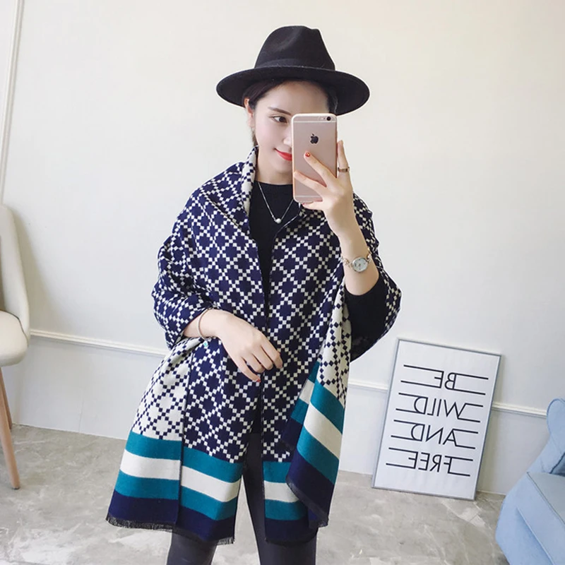 Осень зима 2018 женский полосатый кашемировый шарф в виде ромбовидной решетки