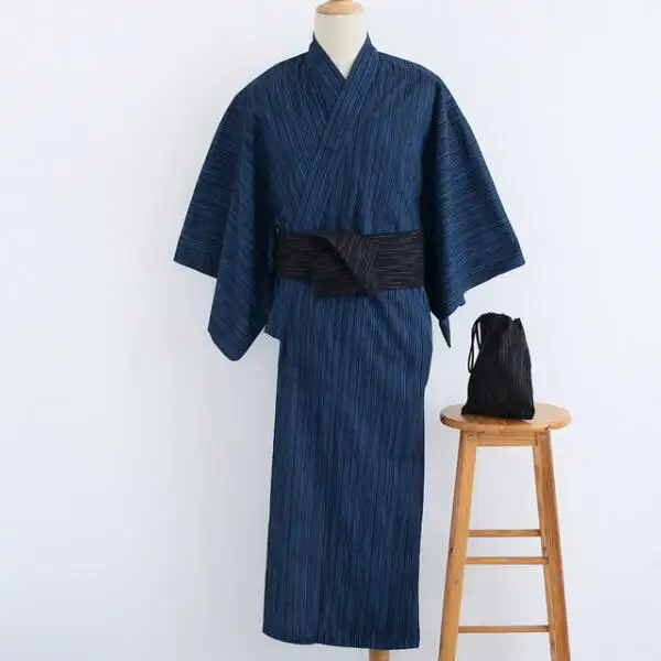 Japanese Kimono Men Traditional Cotton Robe Long Spring Daily Vintage Blue Stripe Include Belt