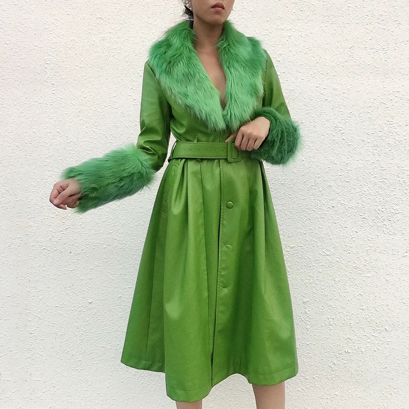 WannaThis Faux Leather Fur Coat Women With Belt Warm Thick Outwear PU Leather Streetwear Female Elegant Outwear Long Coat Green