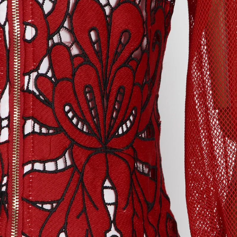 

Dresses For Women 2021 Fashion Elegant Stand Collar Lantern Sleeve Design High Waist Lace Hollow Out Dress Party Vestidos