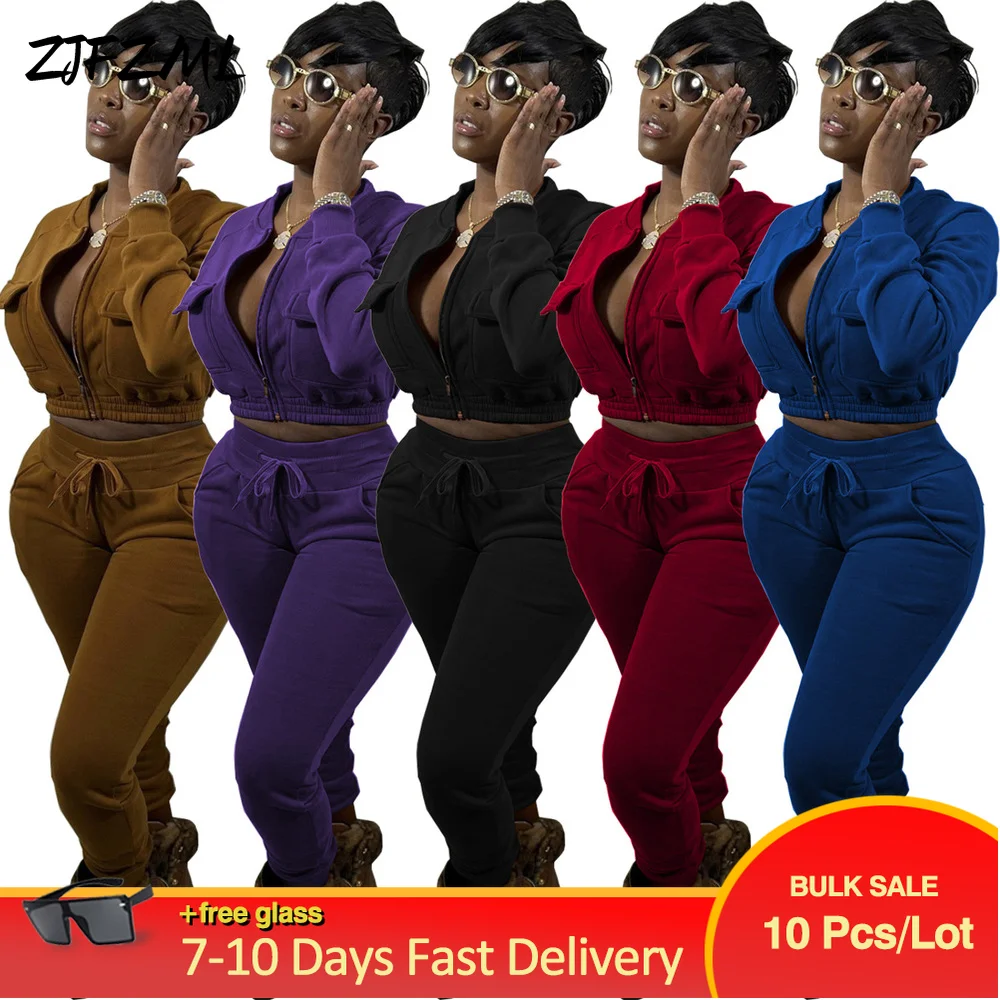 

Wholesale Bulk Items Lots Streetwear Women Two Piece Pant Suits Athelisure Outfits Zipper Front Full Sleeve Crop Top+jogger Pant