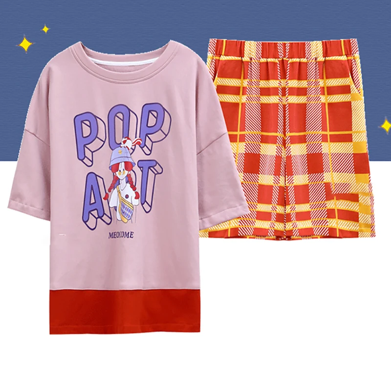 

BZEL Pink Cotton Pajamas Set Sweet Girl Cartoon Pattern Sleepwear Short Sleeve Plaid Shorts Loungewear Loose Style Pijamas Women