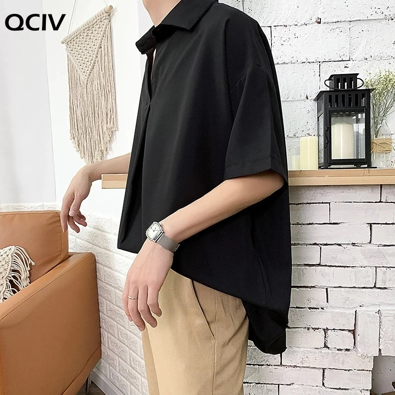 

Summer men's new short sleeve cuffs clothing fashion loose solid color shirt