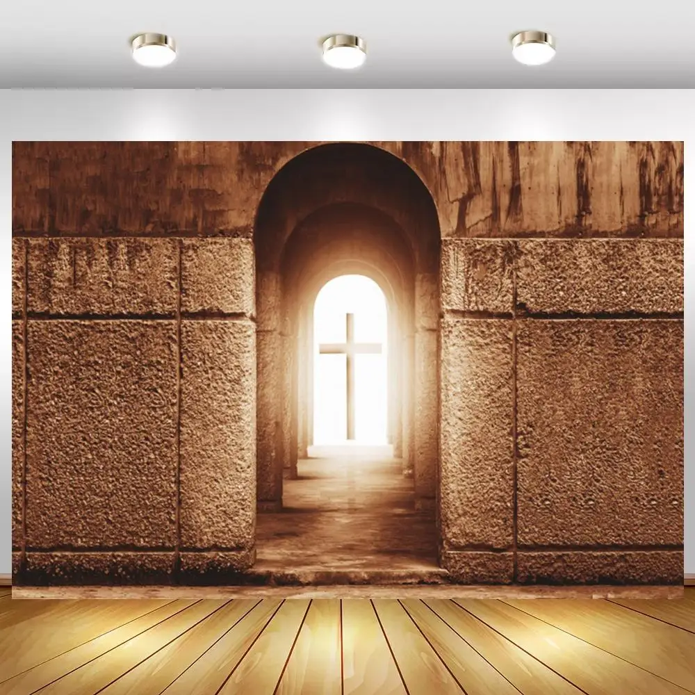 

Jesus Christ Holy Cross Church Retro Brick Wall Photographic Background Dinner Table Room Decor Backdrops For Event Party