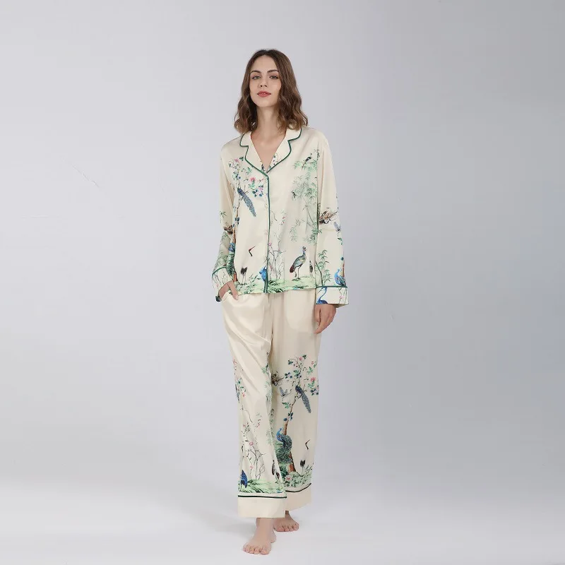 Silk Bird Singing and Flower Fragrance Pattern Pajamas Women's Long Sleeved Trousers Ice and Snow Silk Two-piece Set