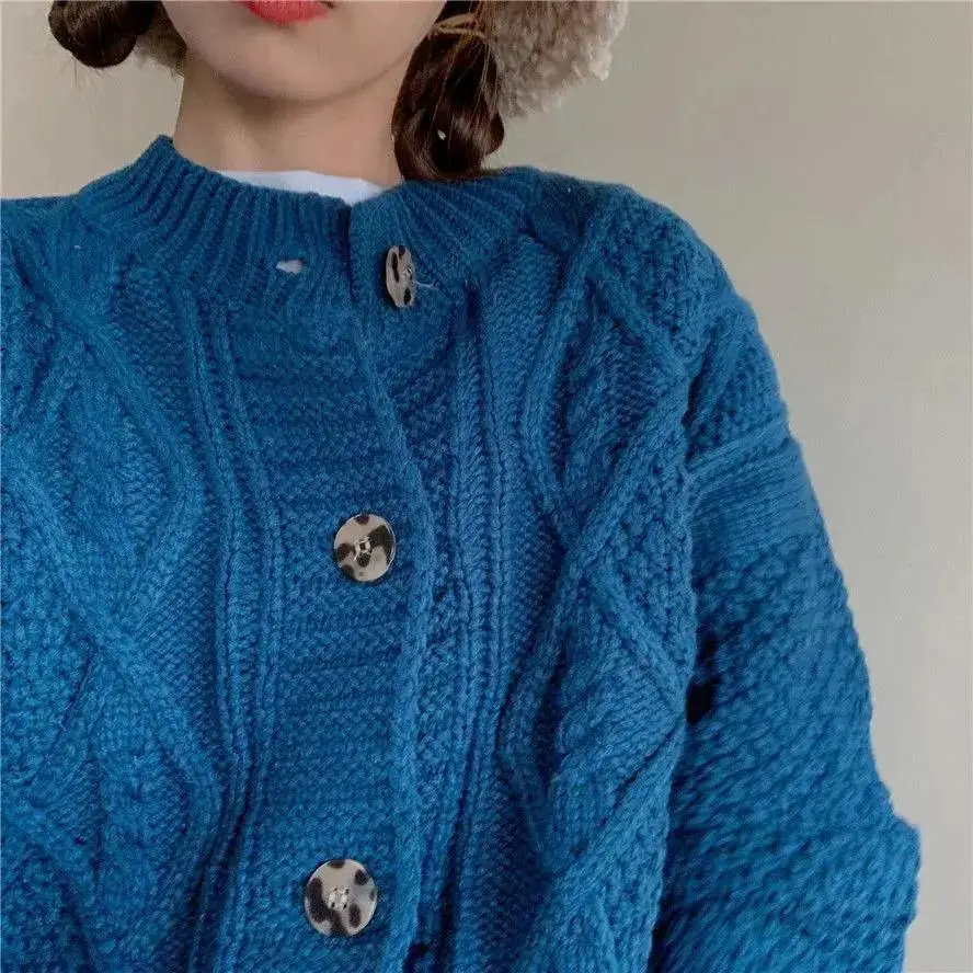 

Cardigan Womens Long Sleeve Single Breasted O-Neck Loose Leisure 2020 Autumn Winter Korean Style Female Outwear Twist Sweaters