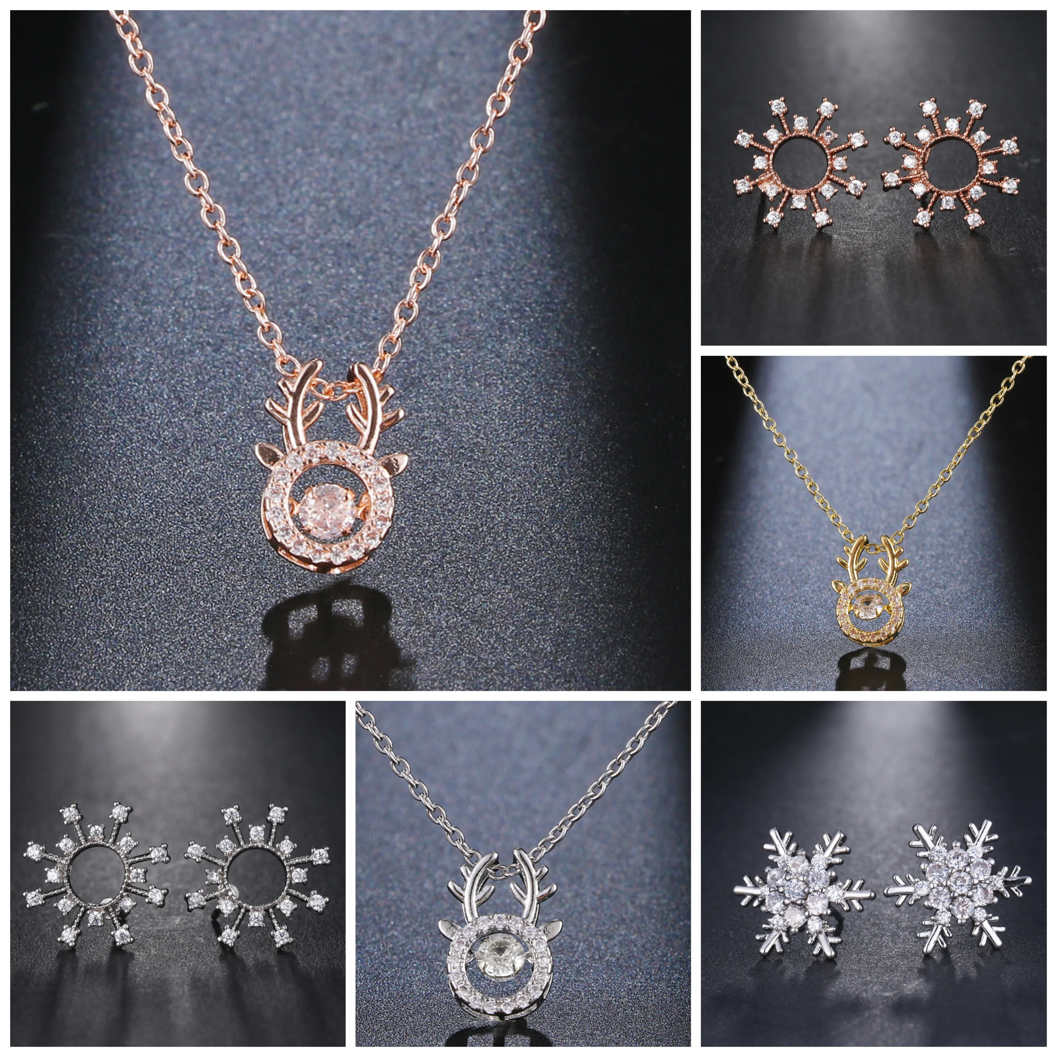 

AMC Hip-hop Personality Elk Snowflake Pendant Necklace Earring Sets Christmas Lucky Jewelry Sets for Women 2021