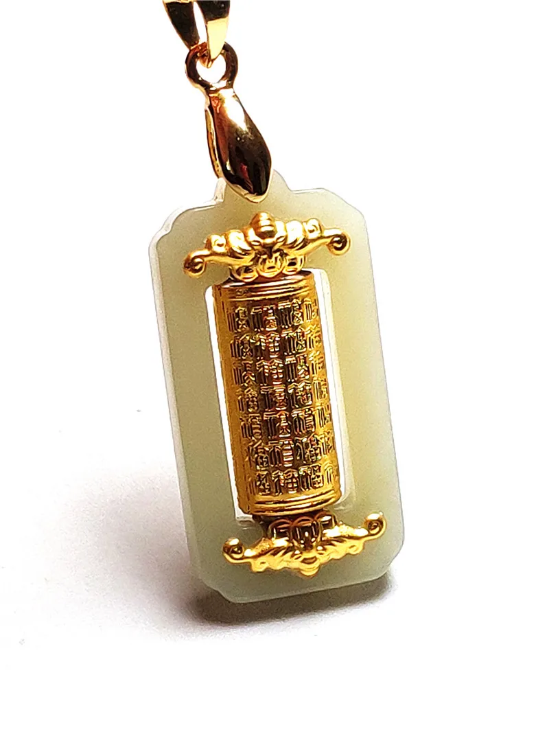 

LETSFUN Fine Jewelry 24K Gold Thailand Scripture Wishing Rotation Pendant White Jade with Silver Chain Necklace Gifts