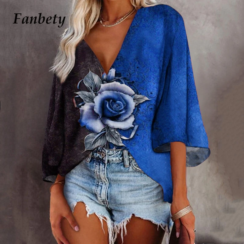 

5XL Women Casual Loose Blouse 2021 Sexy V-Neck Retro Flare Long Sleeve Tops Pullovers Fashion Floral Printed Female Streetwears