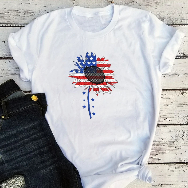 

Sunflower 4th of July Shirt 2021 American Flag Graphic Tees Stars and Stripes Fourth of July Tshirt American Mama Clothing