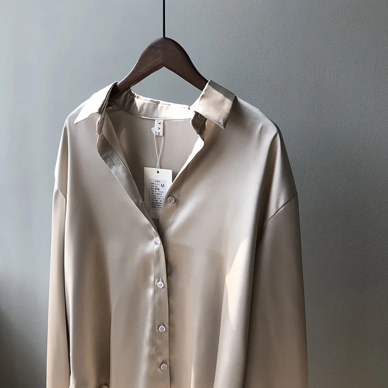 

Autumn Fashion Button Up Satin Silk Shirt Elegant Blouse Women Long Sleeve Casual Simple Female Loose Oversized White Shirts Top