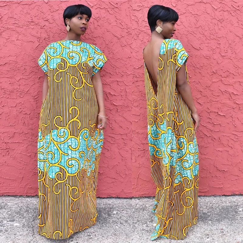 

2021 Fashion Summer Backless Maxi Dress For Women African Print Plus Size Vestidos Female Casual Robe Style Africaine Clothes