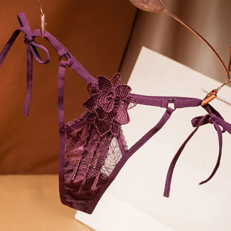 Dark purple Женские Модные кружевные сексуальные бесшовные трусики ультра-тонкий галстук полоса из треугольника женские трусы большого размера с низкой посадкой стринги - Цвет: Dark purple