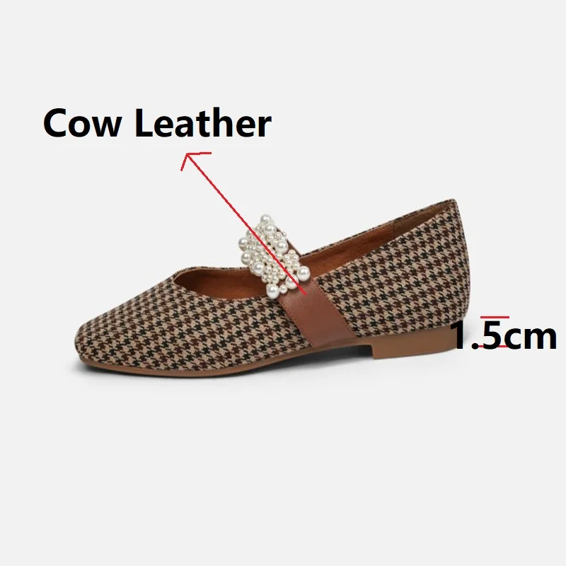

Soft Sheepskin Leather Insole Comfort Flat Shoes Woman Square Toe Pearls Strap Houndstooth Plaid Mary Jane Flats Trending Shoes