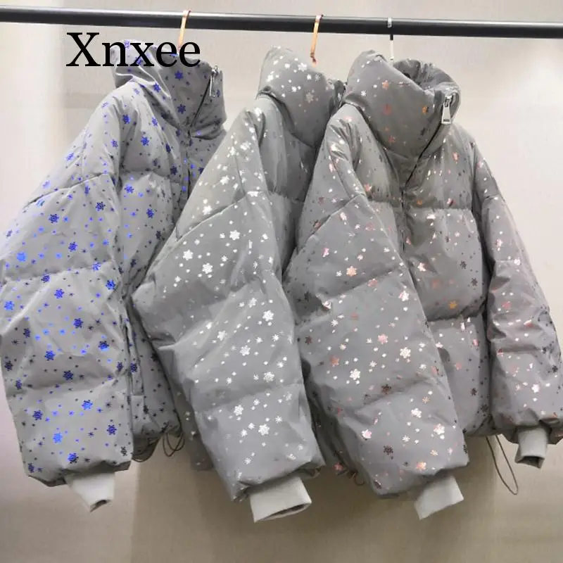 Winter Women Streetwear Down Parka Oversize Reflective Jacket Short Warm Women Coat Snowflake Sequin Parka Cotton Padded Jacket