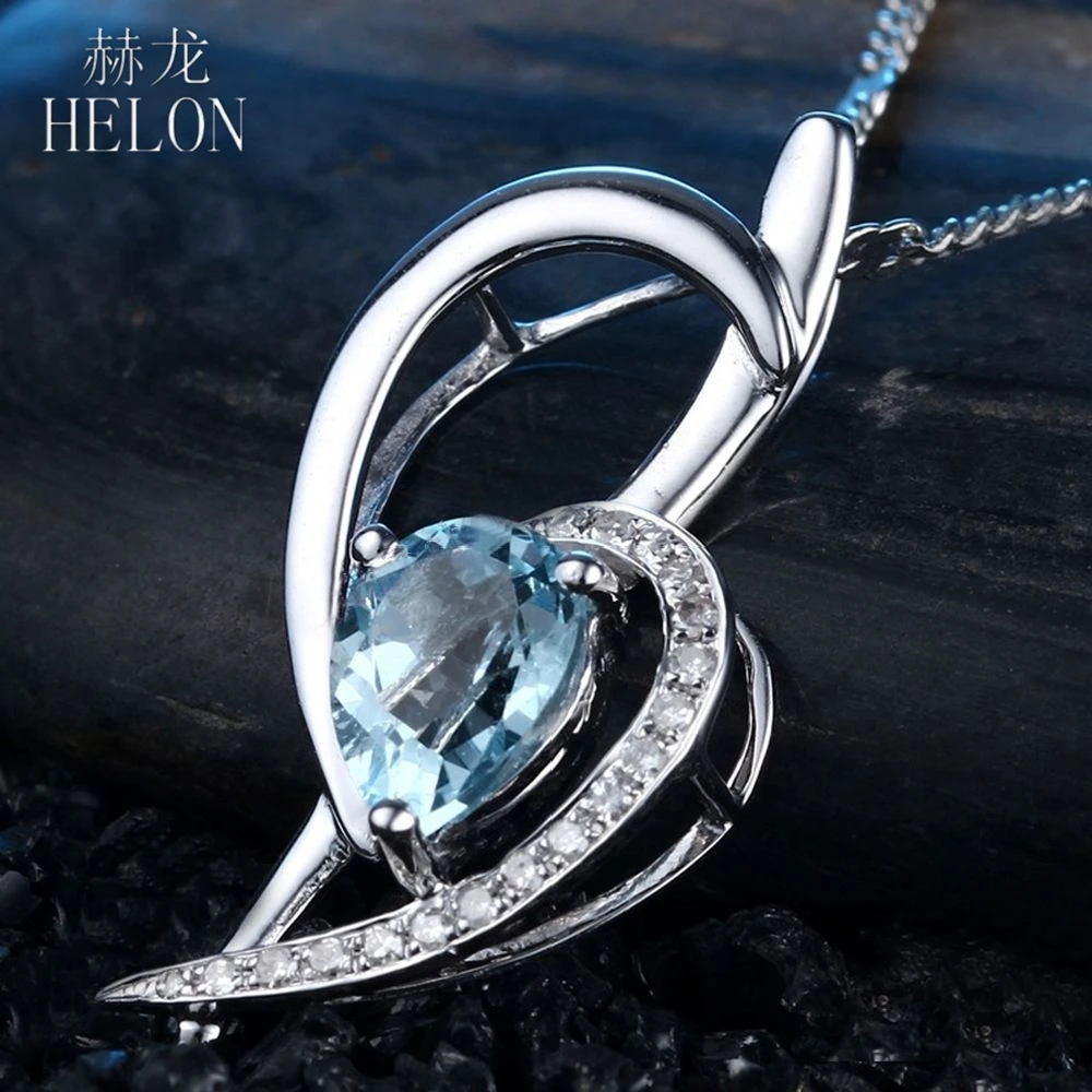 HELON Solid 14K белое золото груша 1.56ct натуральный, небесно-синий топаз и Алмаз Кулон помолвка свадебные женские ювелирные изделия кулон