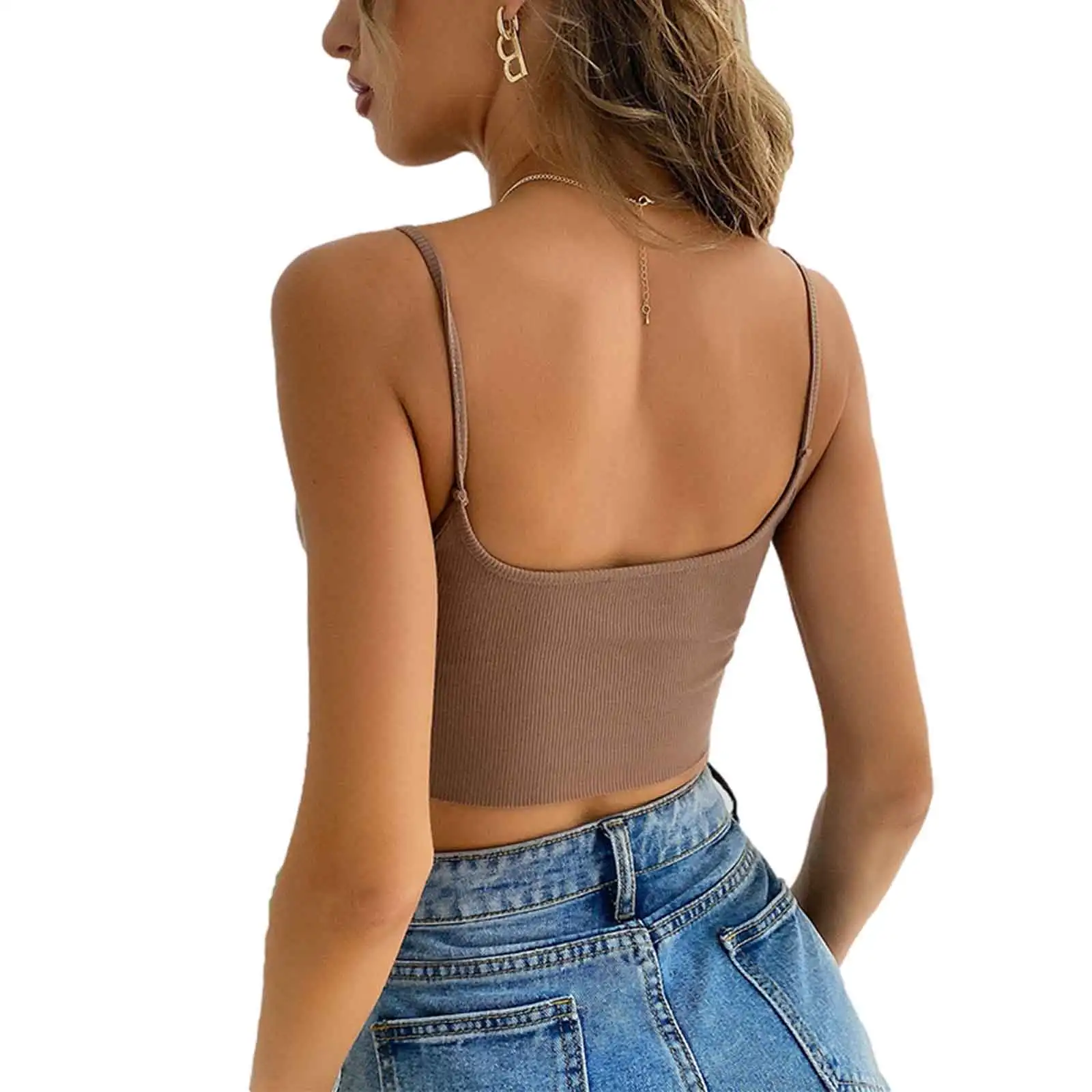 

Women's Rib Knit Camisole Fashion Sexy Girl Sleeveless Spaghetti Strap Patchwork Crop Cami Tops Vest Shap Waist Leisure Clothing