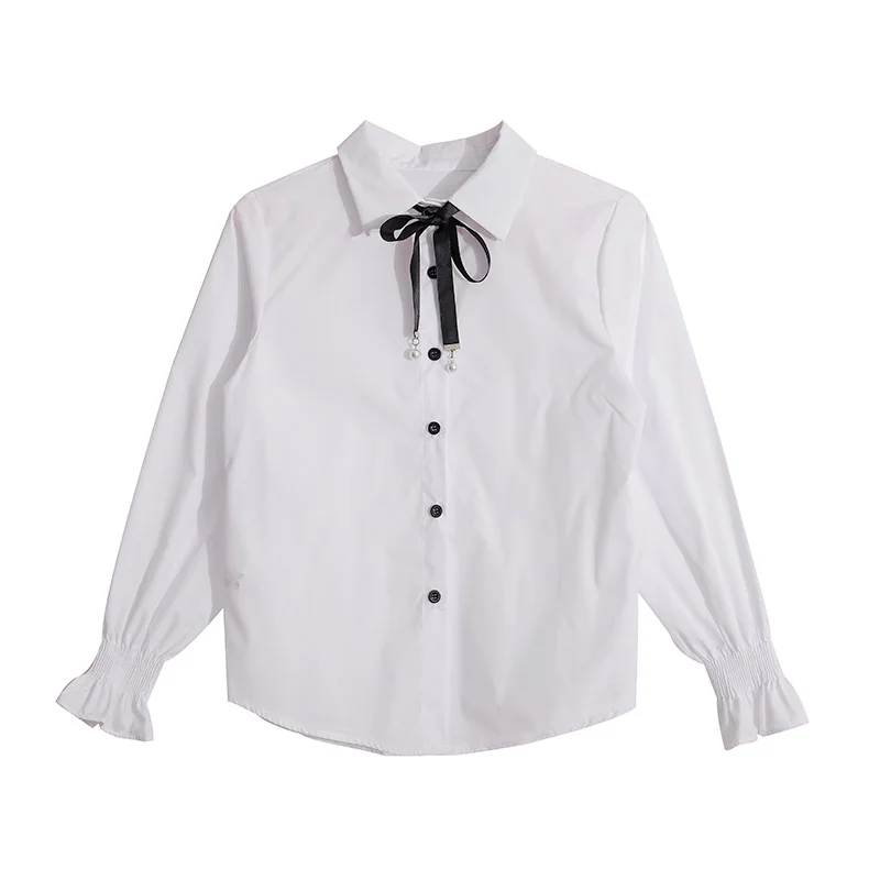 

New Cute Bow College Wind Shirt Female Flare Sleeve Women Blouse Harajuku Uniform Shirt Lace Up White Blouses Woman Tops