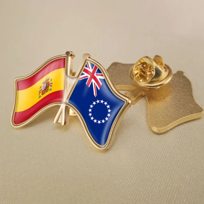 

Spain and Cook Islands Crossed Double Friendship Flags Lapel Pins Brooch Badges