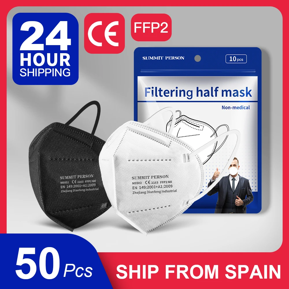 

50 Pieces FFP2 Masks KN95 Masks 5 Layers Breathable Filter Mouth Muffle disposable Face Mask Black fpp2 approved europe masks