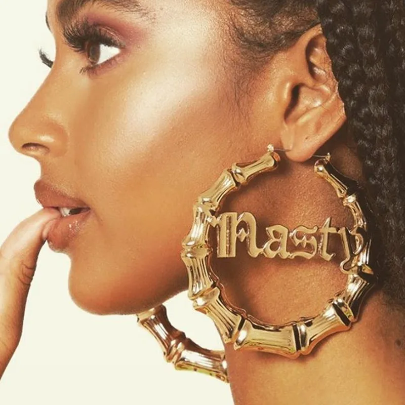 Женские серьги в виде букв из фианита круглые Бамбуковые стиле хип хоп 3