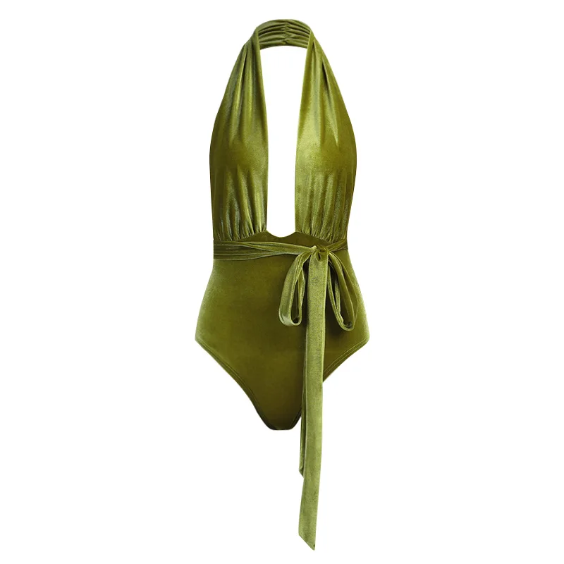 

Beyouare Korean Velvet Halter Sexy Bodysuit Bare Chest Bandage Backless Sleeveless Skinny Top 2021Summer Elegant Female Bodysuit