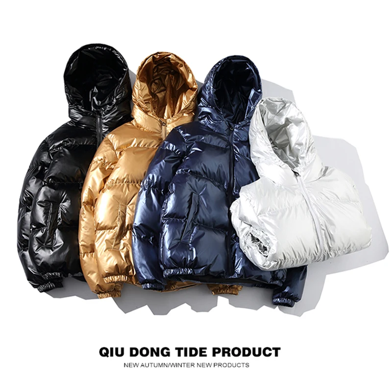 PARKLEES Winter Mens Warm Down Jackets Winter Glossy Metallic Silver Black Hooded Parka Outwear Cotton Padded Coats Men Jacket