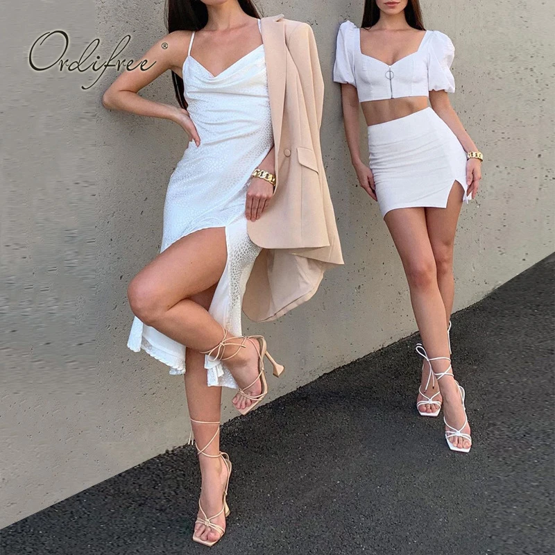 Женское вечернее платье Ordifree Белое Атласное Платье-комбинация в горошек на