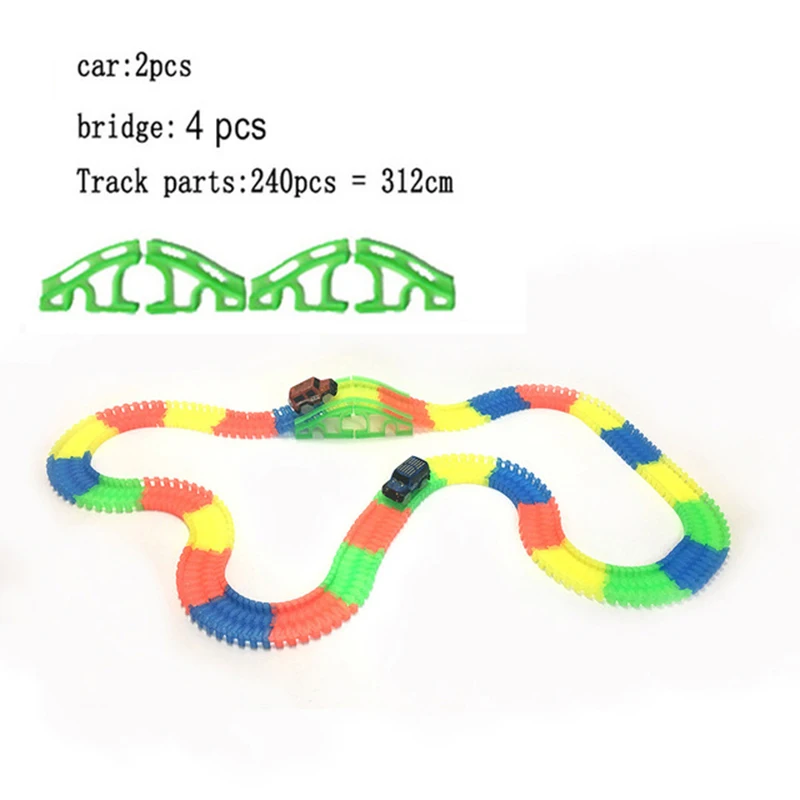240pcs 2car 4 bridge Гоночный изгиб рельсовый Трек светодиодный электронный флэш-светильник Автомобиль DIY игрушка детский подарок железная дорога волшебный светящийся гибкий трек автомобиль игрушки для детей - Цвет: 240pcs 2car 4 bridge