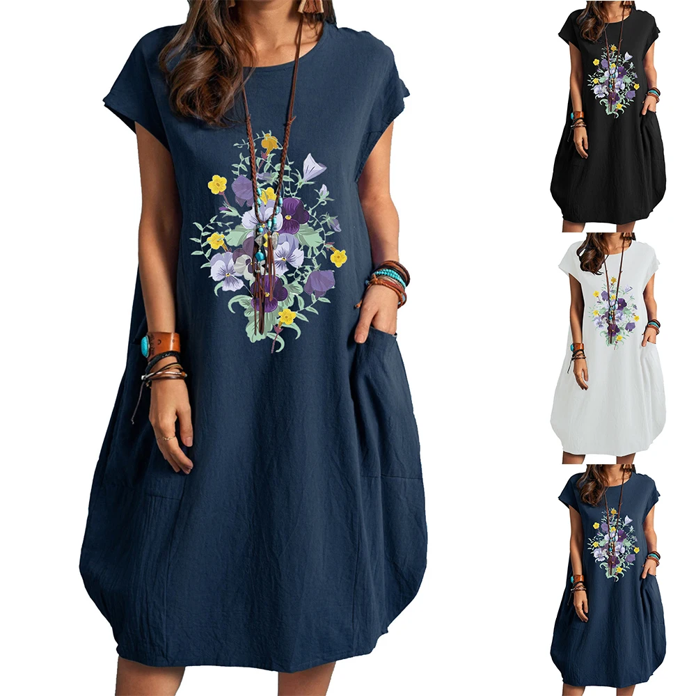 

Платье женское хлопково-льняное с карманами и цветочным принтом