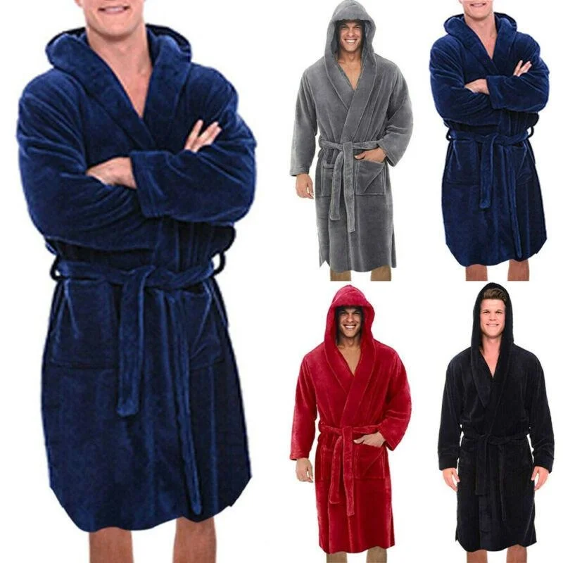 

2021Men's Solid Hooded Bathrobe Towel Soft Gown Robe Lounge Wear Winter