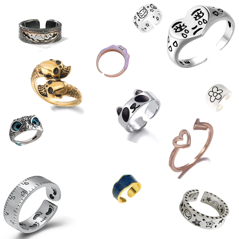 

Panda Ring For Women Girls Smiley Owl Fashion Skull Men Jewelry Vintage Silver Color Punk Hip-hop Adjustable Rings Smiling
