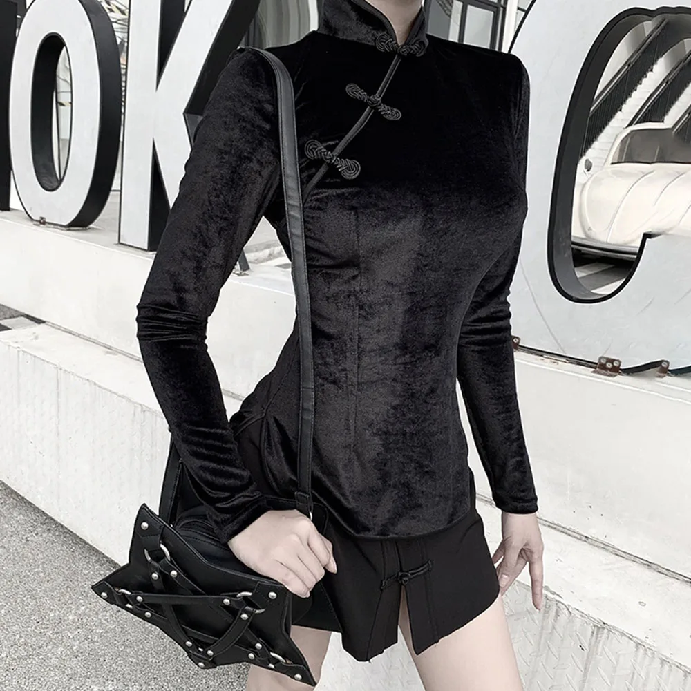 Женский винтажный Топ Cheongsam черный облегающий с длинным рукавом черные футболки