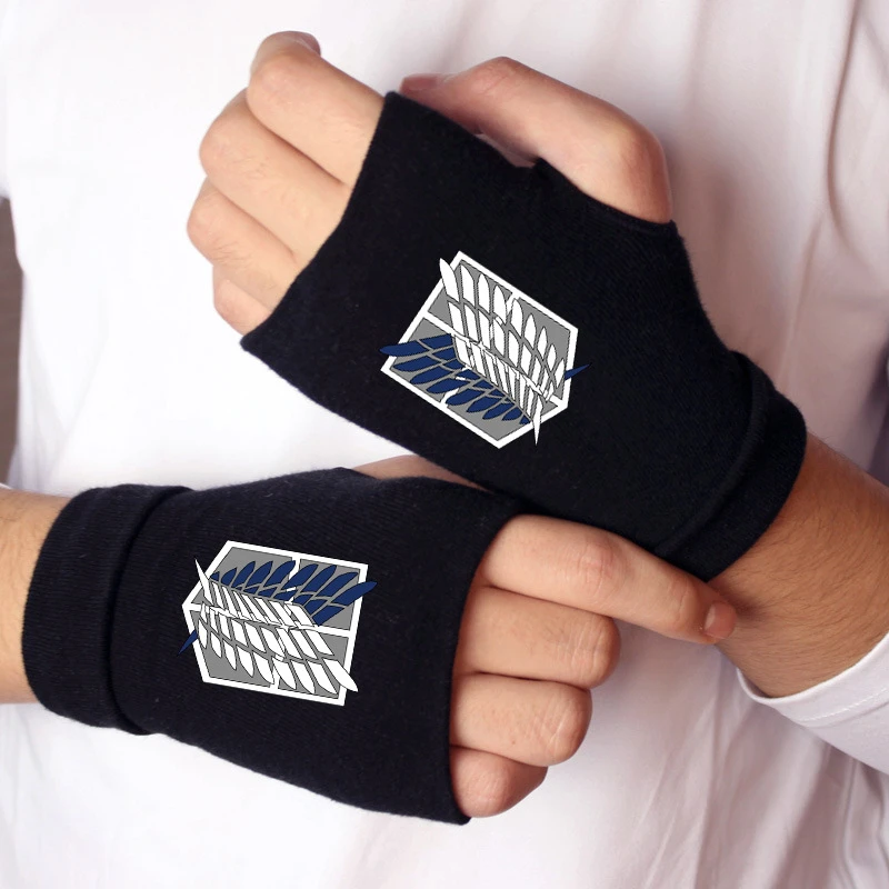 

Anime Cosplay Attack on Titan Wings of Liberty Icon Gloves Cotton Thumb Gloves Cotton Knitting Warm Half Finger Mittens Glove