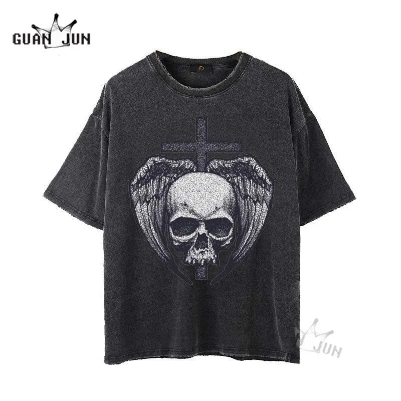 

2021 Skull Vally Mens Washed T-shirt Goth Streetwear Harajuku Dark Gothic Tshirt Clothes Hip Hop Aesthetic Tshirts Men Clothing