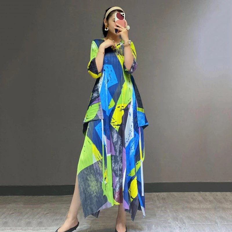 

LANMREM women's pleated dresses 2021 autumn fashion Colorful printing large size o-neck mid-calf folded dress for women 2A303