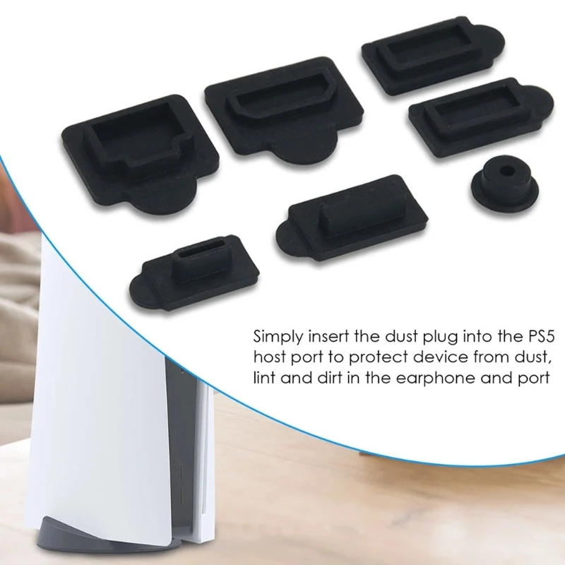

P8DF Compatible for PS5 Console Accessories Silicone Dust Plugs Set Interface Anti-dust Cover Dustproof Plug 1 Set of 7
