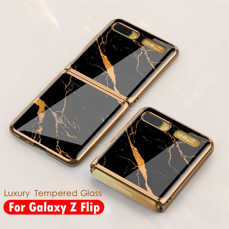 

For Samsung Galaxy Z Flip Case Marble Tempered Glass Hard Phone Cover For Samsung Galaxy Z Flip Luxury Plating frame Coques