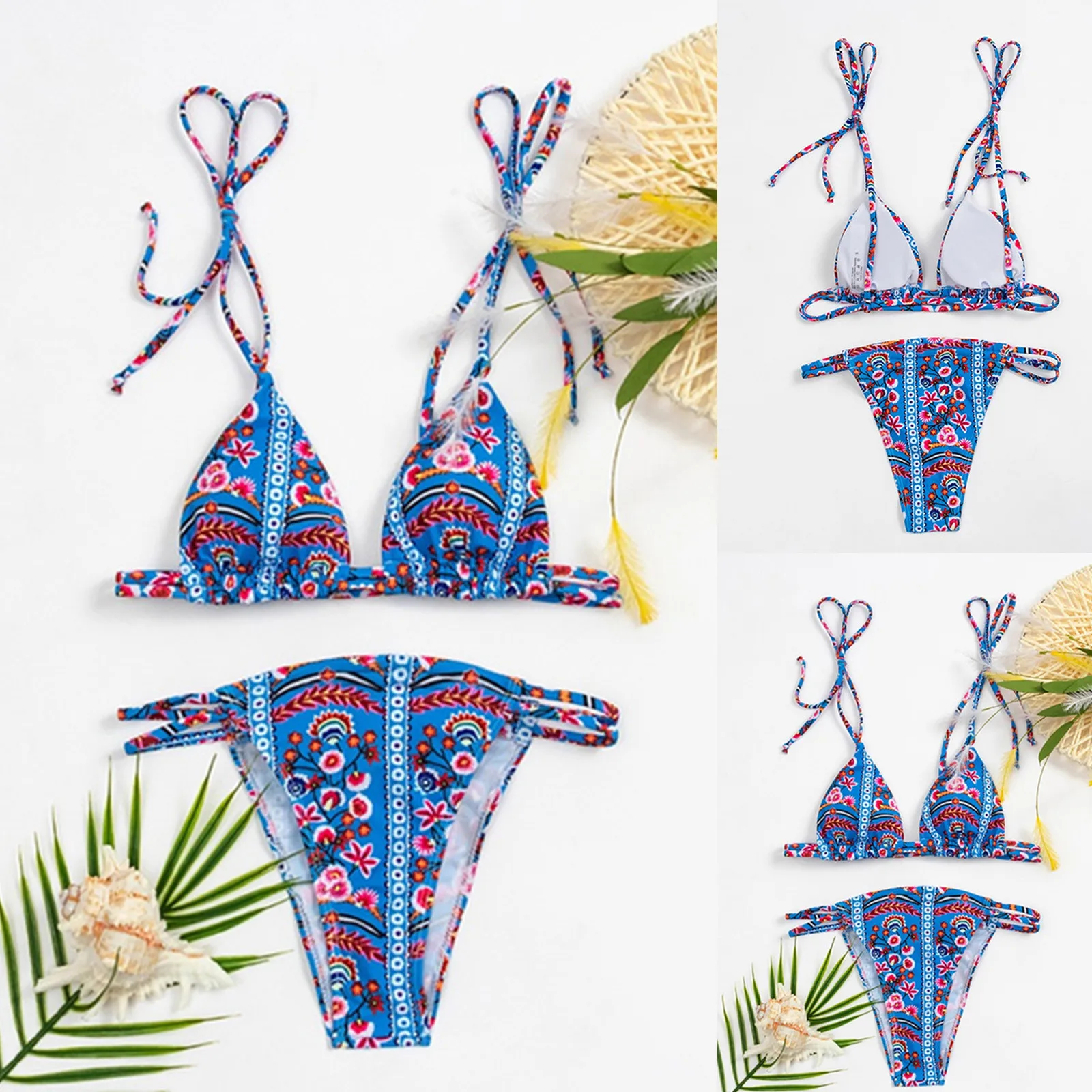 

2pcs Women Swimsuits Bikini Set Push-Up Padded Top High Waist Bandage Printing Sling Thong Swimwear Sexy Beachwear 2021
