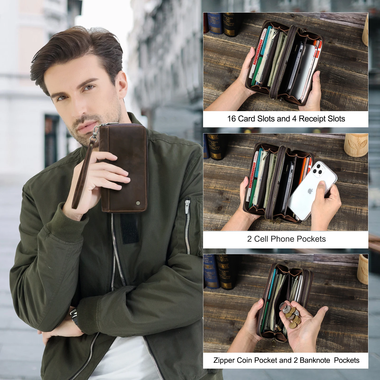 

Contact's Men's Wallet Genuine Leather Clutch Male Men's Clutch Bag Double Zip Long Wallets Purse Money Bag Large capacity