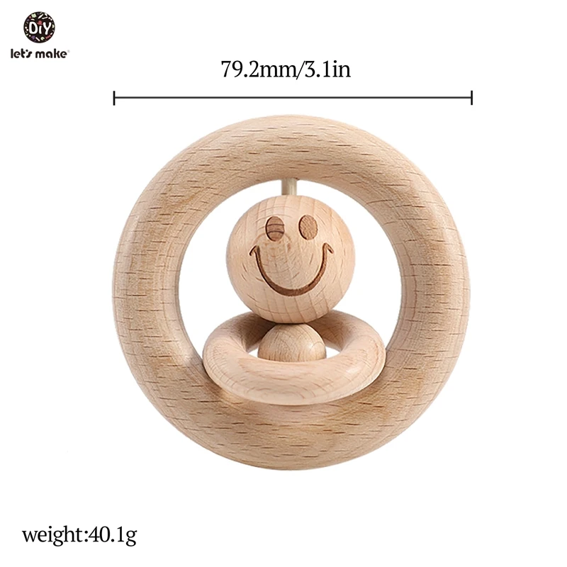 Let's Make Baby Wooden Rattle Bed Bell Wooden Ring 70mm/80mm Beech Wood Smiley Face 1PC Educational Toys Rattles For Newborns