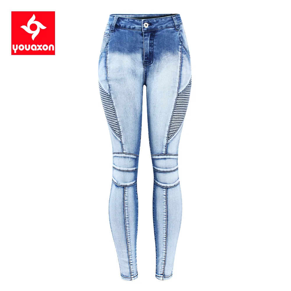 

2236 Youaxon New Arrived EU Size Motor Biker Jeans Woman Plus Size 5 Pockets Stretch Bleach Wash Skinny Denim Pants For Women